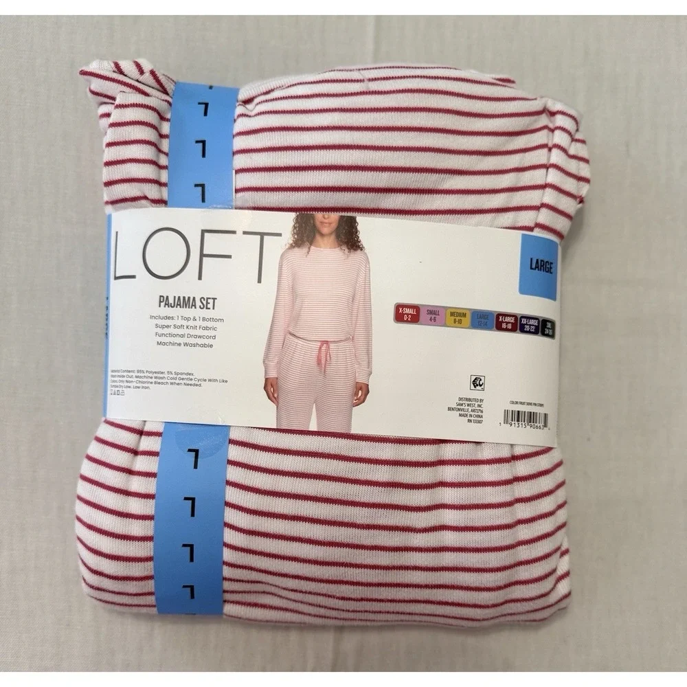 NWT LOFT Women's 2-Piece Pajama Set Large Fruit Dove Pin Stripe Pink White